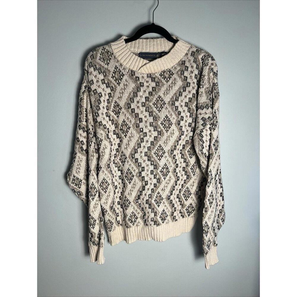 Vintage Crossings Sweater Knit Crewneck Cotton Cream Tan Black Medium
